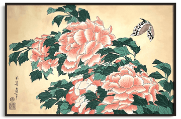 Reproduction Pivoines et papillons Hokusai – peinture à l'huile